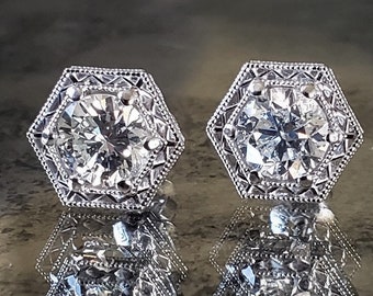 Antique Old European Cut Moissanite Art Deco Earrings Anniversary Birthday Diamond Studs Post Posts 14K White Gold  "The Gatsby"