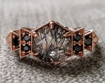 Antique Black Diamond Rutile Quartz Engagement Ring Rose Gold 1920s Grey Black Copper Gemstone Rustic Bohemian PenelliBelle "The Florence"