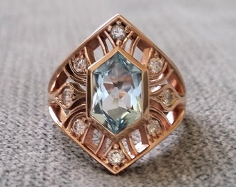 Aquamarine and diamond 14k rose gold wide ring gift " The Merribelle"