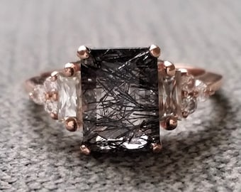 Antique Rutile Quartz Moissanite and Diamond Engagement Ring Emerald Cut Baguette Classic Rose Gold timeless PenelliBelle Rustic "The Margo"