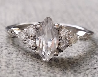 Antique Engagement Ring Victorian White Sapphire Marquise Diamond Geometric Bohemian Antique Filigree Delicate 14K White Gold "The Delphine"