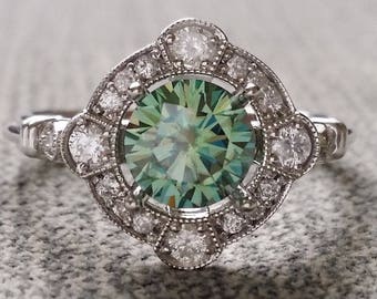 Estate Halo Blue Green Moissanite Diamond Antique Engagement Ring Victorian Art Deco Mint Edwardian 14K White Gold "The Charlotte"