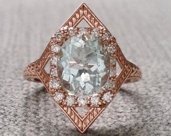 Aquamarine Diamond Engagement Ring Geometric Victorian Halo Egyptian Bohemian Aqua Blue Antique Cushion Art Deco 14K Rose Gold "The Judith"