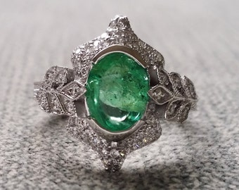 Antique Emerald Diamond Ring Gemstone Engagement Ring Green Cabochon Leaf Estate Elven Fairy Viking Oval 14K White Gold "The Edith"