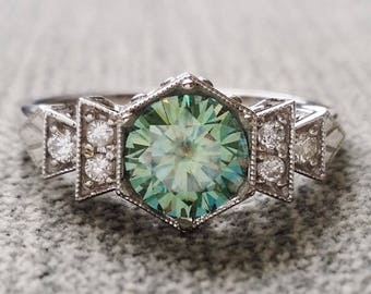 Teal version ALL Moissanite Engagement Ring White Gold 1920s Gemstone Rustic Bohemian PenelliBelle Blue Green "The Florence"