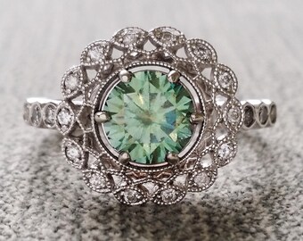 Halo Blue Green Moissanite Diamond Ballerina Antique Engagement Ring Gemstone Flower Filigree Mint Aqua Round 14K White Gold "The Mae"