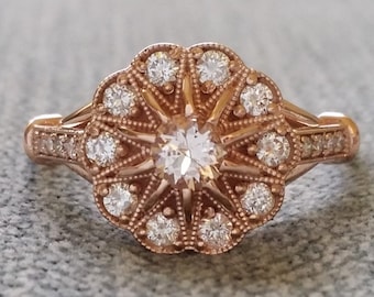 Morganite and Diamond Engagement Ring 14K Rose Gold Star Art Nouveau  1800s Inspired Victorian Art deco Flower Estate &quot;The Claudette&quot;