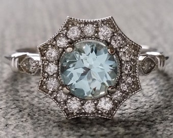 Halo Aquamarine and Diamond Ring Gemstone Engagement Ring Antique Flower Estate Octagon Blue Art Deco  14K White Gold Vintage &quot;The Elsa&quot;