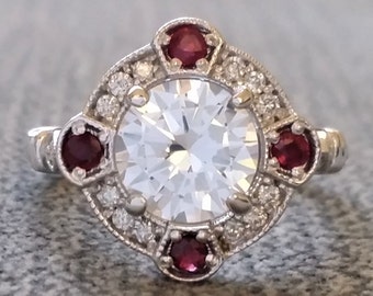 Estate Halo White Sapphire Red Ruby Diamond Antique Engagement Ring Victorian Art Deco Edwardian 14K Gold "The Charlotte"