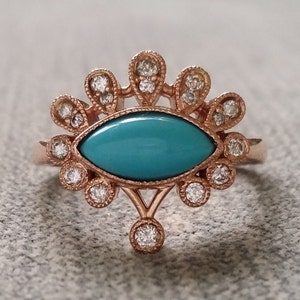 Turquoise Diamond Engagement Ring Geometric Evil Eye Halo Egyptian Bohemian Aqua Blue Antique Marquise Art Deco 14K Rose Gold "The Hamsa"