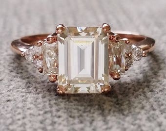 Antique Moissanite and Diamond Engagement Ring Emerald Cut Baguette Flower Classic Rose Gold timeless PenelliBelle Exclusive "The Margo"