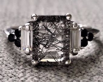 Rutile Quartz Engagement Ring, Moissanite Ring, Black Diamond ring, wedding ring Gothic Wedding Rustic wedding, healing crystals &quot;The Margo&quot;