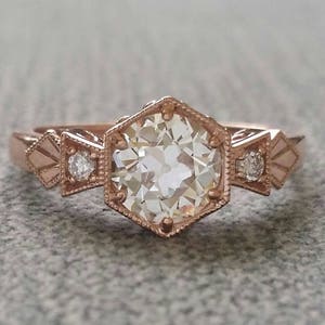 E-F colored Center Antique Diamond Old European Cut Moissanite Engagement Ring Rose Gold 1920 Gemstone Bohemian PenelliBelle "The Ellie"