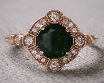 Estate Halo Chrome Diopside Diamond Antique Engagement Ring Victorian Art Deco Dark Green Olive Edwardian 14K Yellow Gold &quot;The Charlotte&quot;