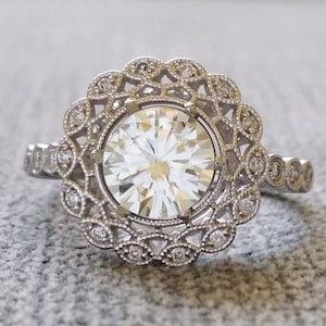 Moissanite Diamond Ballerina Antique Engagement Ring lace doily Art Deco Flower Filigree Round 14K white gold Vintage "The Mae"
