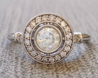 Moissanite and Diamond Halo Antique Engagement Ring Victorian Style Art Deco Edwardian 14K White Gold "The Hattie "