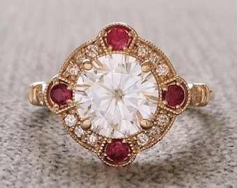 Estate Halo E-F Moissanite Ruby Diamond Antique Engagement Ring Victorian Art Deco Edwardian 14K Yellow Gold &quot;The Charlotte&quot;