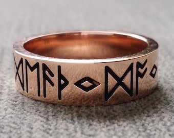 Rustic Mens Wedding Band Ring Nordic Runes Till Death Do We Part Old World Norse Mythology Viking 14K Rose Gold Hammered "The Odin"