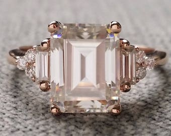 Upgraded larger E-F Antique Moissanite Diamond Engagement Ring Emerald Cut Baguette Classic Rose Gold timeless PenelliBelle  "The Margo"