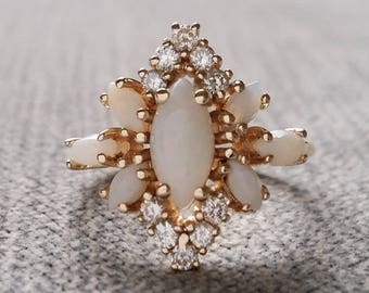 Antique White Opal Diamond Engagement Ring Victorian Cluster Flower Mid Century Setting 14K  Gold  "The Ambrosia"