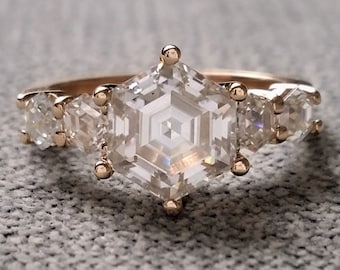 Geometric Hexagon Cut GH Moissanite Engagement Ring 14k Yellow Gold Art Deco Modern Unique Space aged "The Hypatia"
