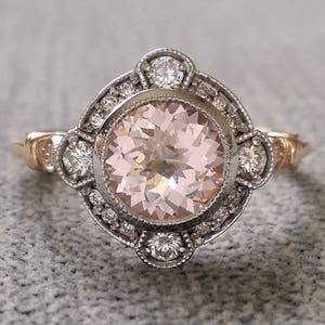 Estate Two tone Halo Morganite Diamond Antique Engagement Ring Victorian Art Deco Peach Pink Edwardian 14K Rose yellow Gold "The Charlotte"