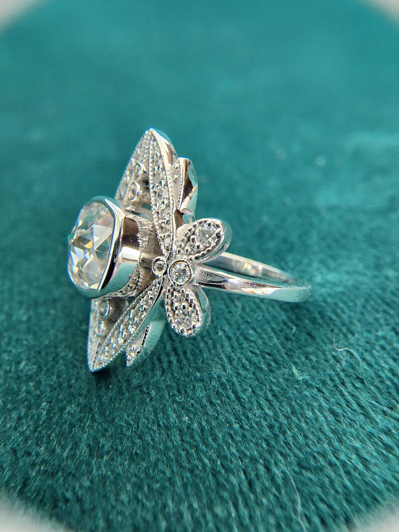 Double Rose Cut Moissanite and Diamond butterfly dragonfly Engagement Ring 14K White Gold Antique Victorian Bohemian The Papillon image 3