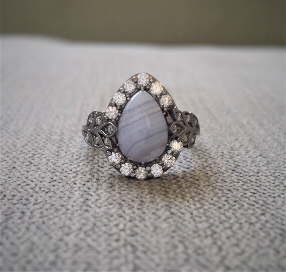 Blue Lace Agate Diamond Gemstone Engagement Ring Periwinkle