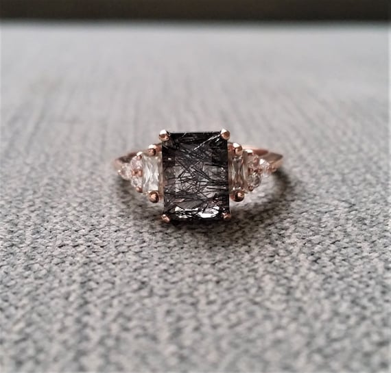 Antique Rutile Quartz Moissanite and Diamond Engagement Ring