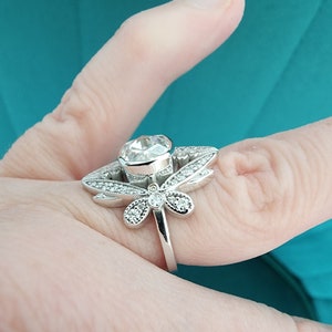 Double Rose Cut Moissanite and Diamond butterfly dragonfly Engagement Ring 14K White Gold Antique Victorian Bohemian The Papillon image 7