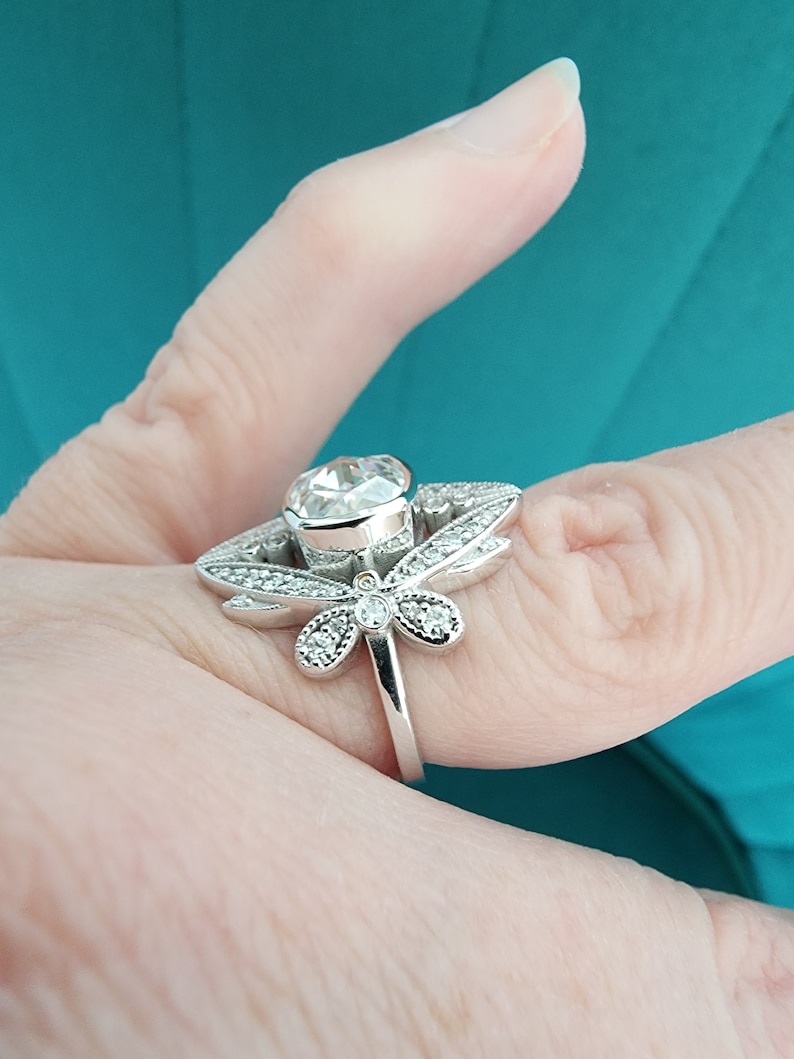 Double Rose Cut Moissanite and Diamond butterfly dragonfly Engagement Ring 14K White Gold Antique Victorian Bohemian The Papillon image 7