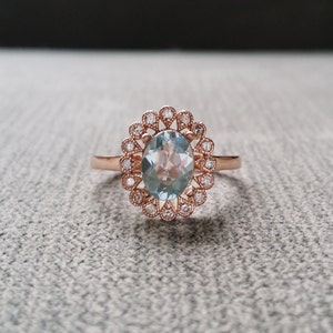 Halo Aquamarine Diamond Ballerina Oval Antique Engagement Ring Gemstone light Blue Aqua Flower Filigree 14K Rose Gold Vintage "The Sophia"