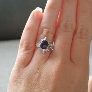 Antique Iolite Diamond Ring Gemstone Engagement Ring Violet Cabochon Leaf Estate Norwegian Viking Compass Oval 14K White Gold The Edith image 5