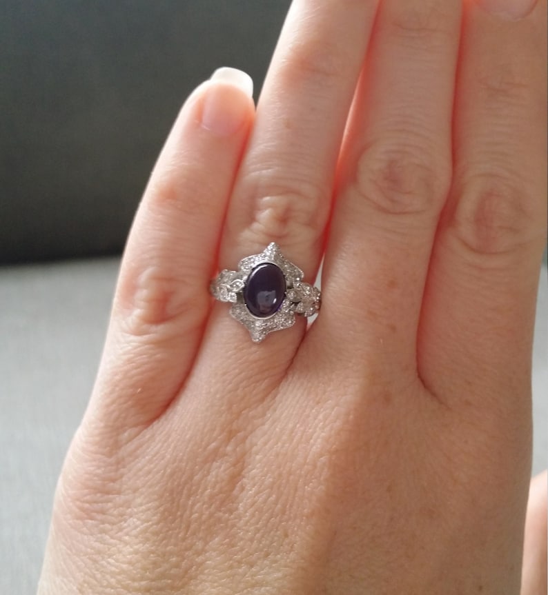 Antique Iolite Diamond Ring Gemstone Engagement Ring Violet Cabochon Leaf Estate Norwegian Viking Compass Oval 14K White Gold The Edith image 5