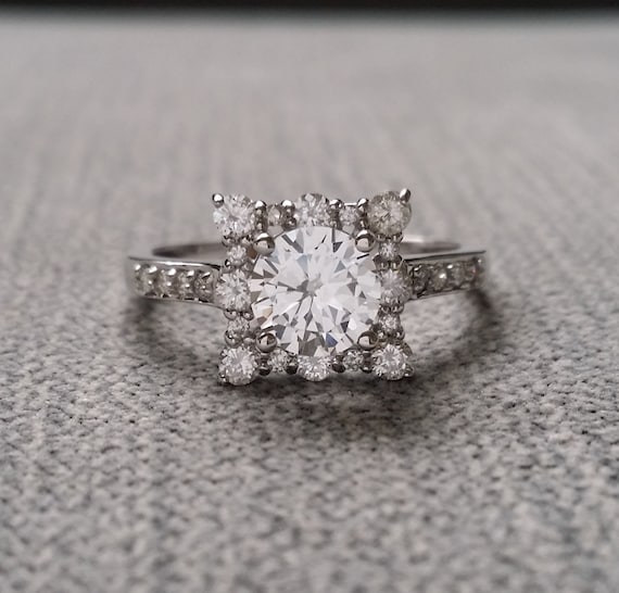 White Sapphire and Diamond Engagement Ring Halo Square Vintage