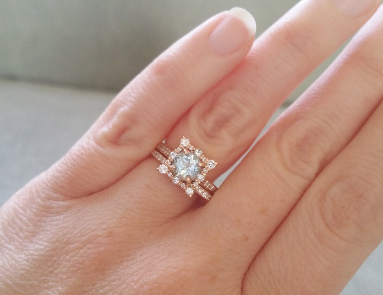 Aquamarine Diamond Engagement Ring Halo Square Vintage Antique Etsy