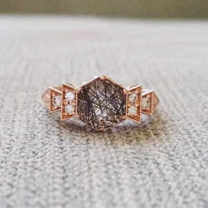 Antique Diamond Rutilated Quartz Engagement Ring Rose Gold 1920s Grey Black Copper Gemstone Rustic Bohemian PenelliBelle "The Florence"