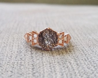 Antique Diamond Rutilated Quartz Engagement Ring Rose Gold 1920s Grey Black Copper Gemstone Rustic Bohemian PenelliBelle "The Florence"