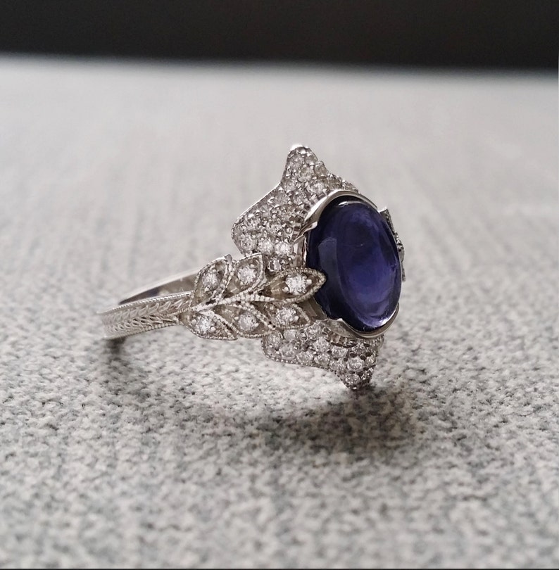 Antique Iolite Diamond Ring Gemstone Engagement Ring Violet Cabochon Leaf Estate Norwegian Viking Compass Oval 14K White Gold The Edith image 2