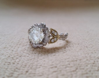 Moissanite Branch Nest Diamond Two Toned Engagement Ring Vine Nature Branch Antique Vintage Leaf  Green 14K White Gold  "The Nest"