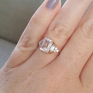 Antique White Sapphire Diamond Engagement Ring Emerald Cut Baguette Classic Yellow Gold timeless PenelliBelle Exclusive The Margo image 6