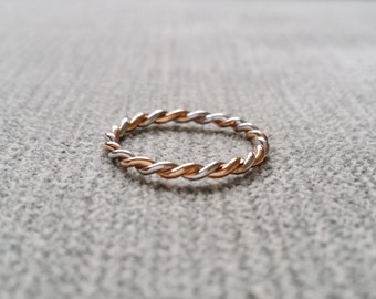 Two Toned Rope Wedding Band Ring Vintage Antique14K Rose Gold and White Gold match All Rings Stacking Twist