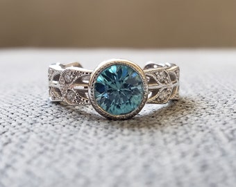 Bezel Set Aqua Blue Zircon and Diamond Grecian Antique Engagement Ring Gemstone Leaf Filigree Round Vintage "The Artemis"