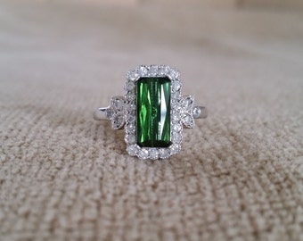 Emerald Halo Green Tourmaline Diamond Flower Gemstone Engagement Ring Baguette Scissor Rectangle Setting 14K White Gold " The Margaret"