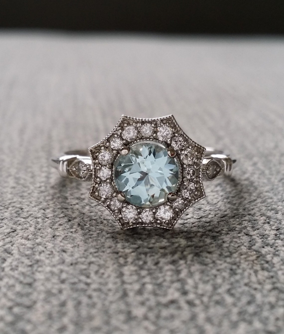 Halo Aquamarine and Diamond Ring Gemstone Engagement Ring | Etsy