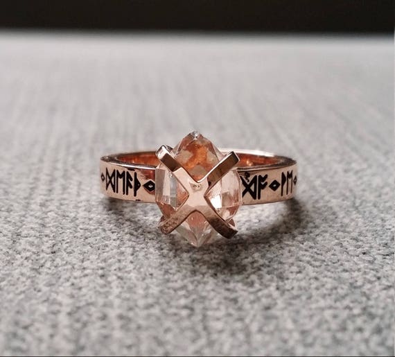 Rustic Herkimer Diamond Engagement Ring Nordic Runes Terminated