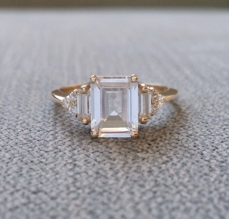 Antique White Sapphire Diamond Engagement Ring Emerald Cut Baguette Classic Yellow Gold timeless PenelliBelle Exclusive The Margo image 1