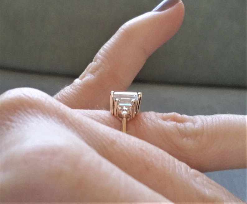 Antique White Sapphire Diamond Engagement Ring Emerald Cut Baguette Classic Yellow Gold timeless PenelliBelle Exclusive The Margo image 7