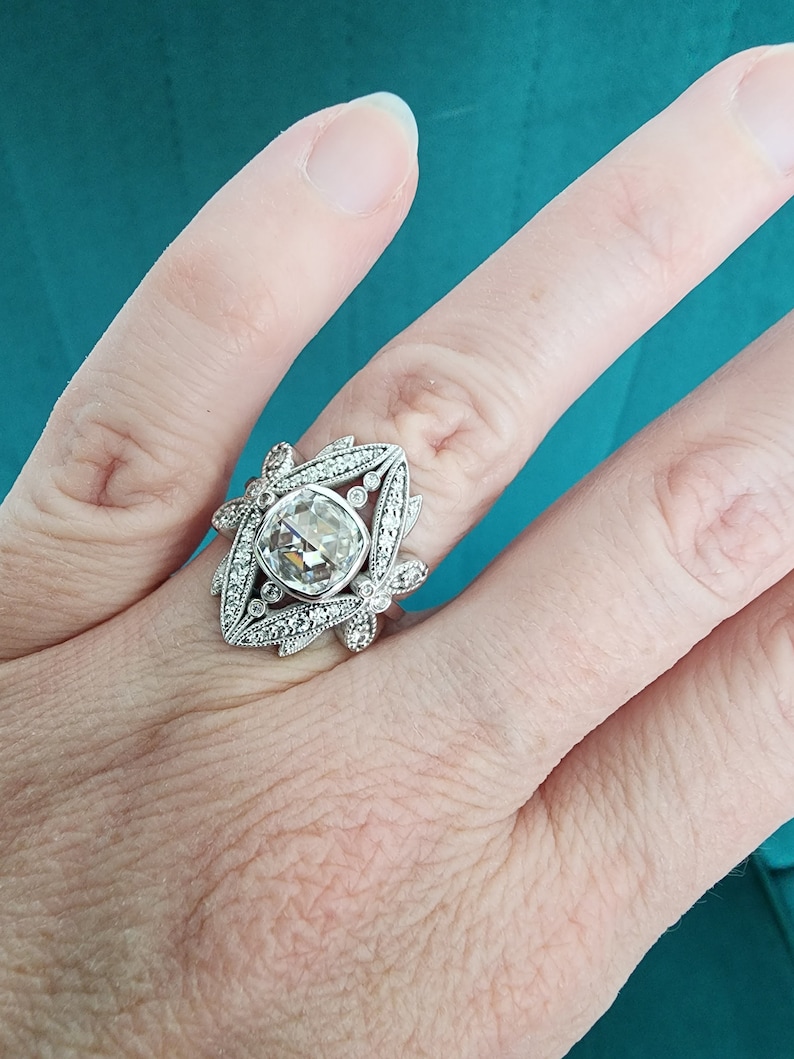 Double Rose Cut Moissanite and Diamond butterfly dragonfly Engagement Ring 14K White Gold Antique Victorian Bohemian The Papillon image 8