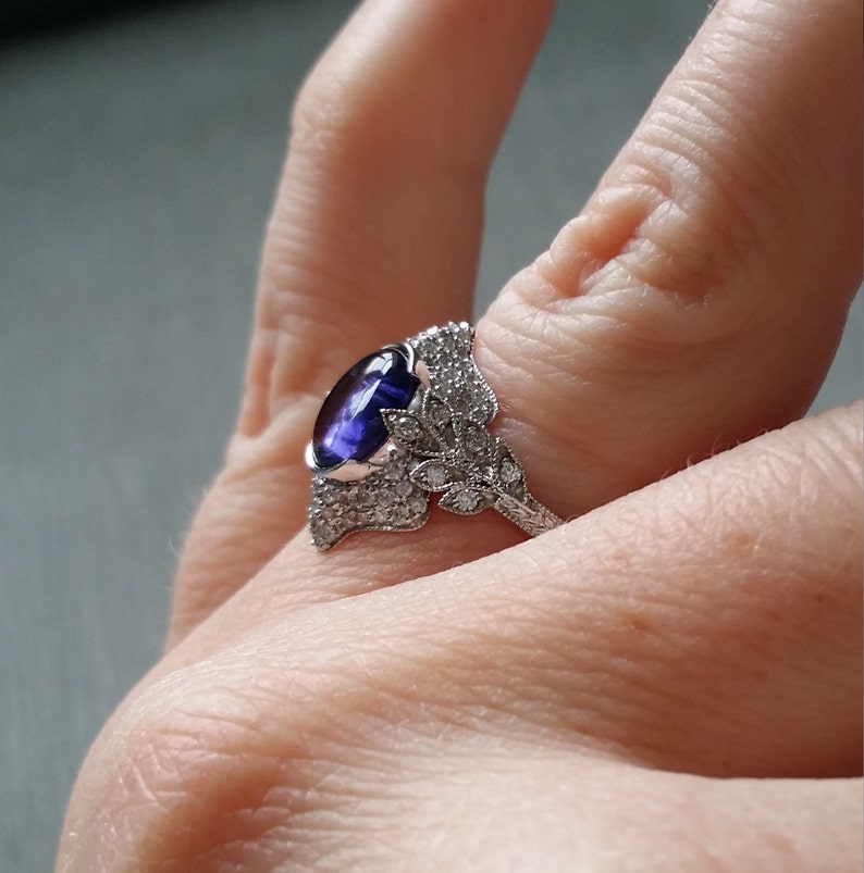 Antique Iolite Diamond Ring Gemstone Engagement Ring Violet Cabochon Leaf Estate Norwegian Viking Compass Oval 14K White Gold The Edith image 1